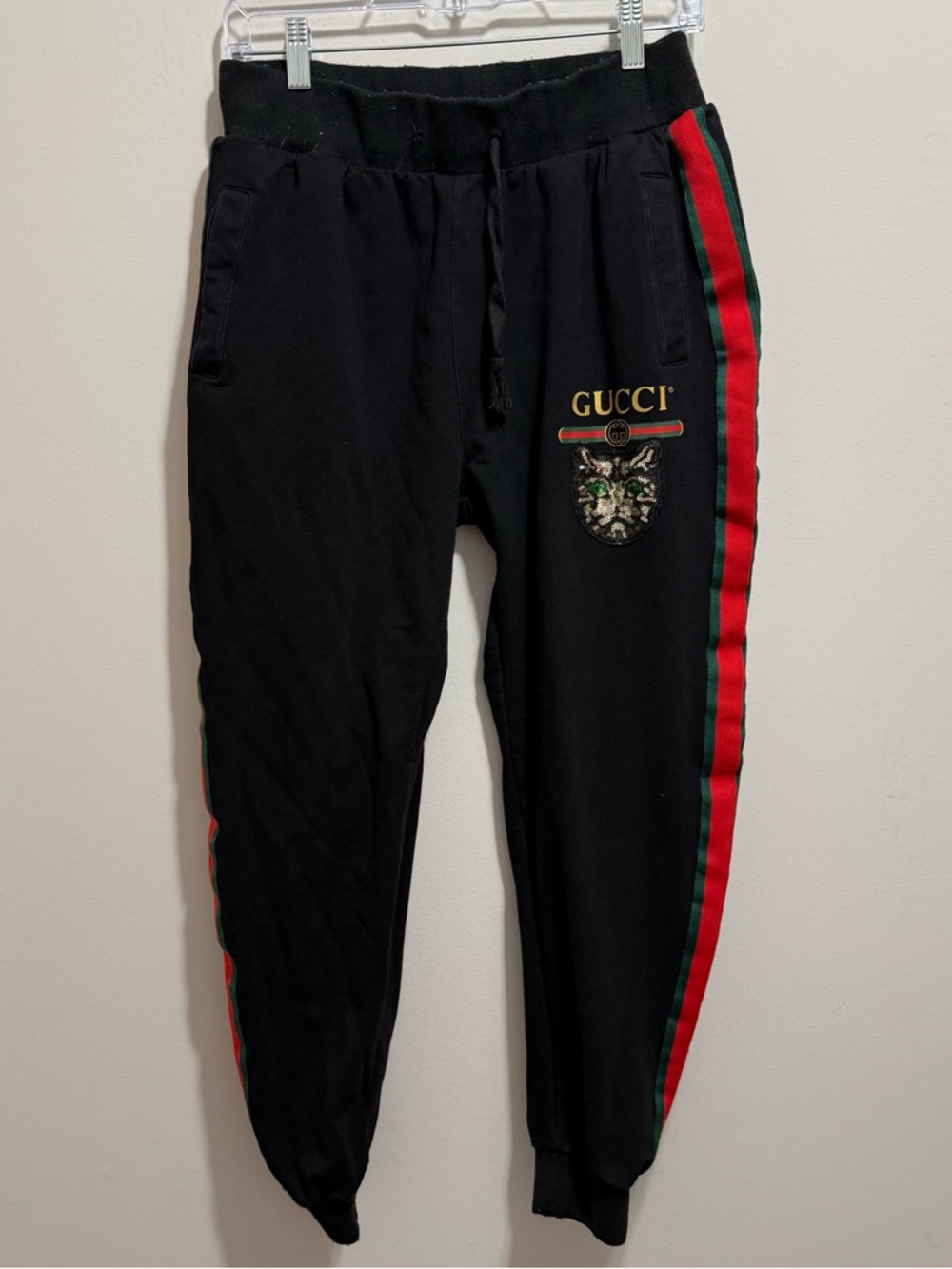 Black Designer Inspired Cat Sequin Joggers Sweatpants Green Red Stripe Size 3XL